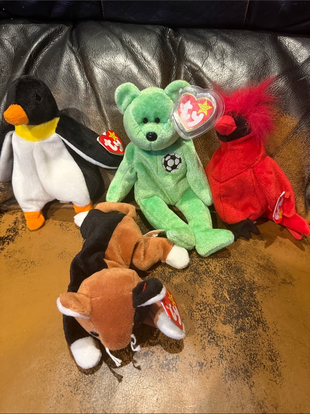 TY Beanie Baby Plush Toy - Green Bear with Soccer Patch x4 brand new